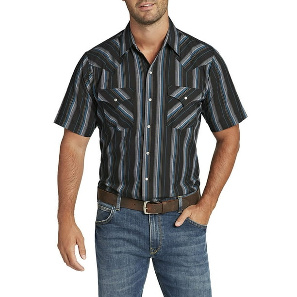 Ely Cattleman Western Men's 100% Cotton Shirt SHORT Sleeve White & Black
